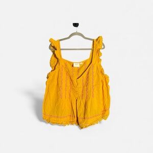 Anthropologie Maeve Yellow Top with Pink Embroidery Cottagecore Ruffles Lace